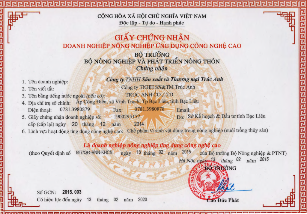 chứng nhận Doanh nghiệp nông nghiệp ứng dụng công nghệ cao